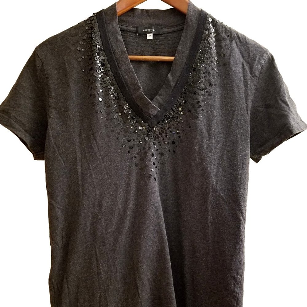 Unconditional Black Sequinned V-Neck Tee